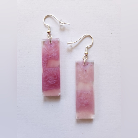 Hand Crafted Jewelry - Rose Quartz Pink Holographic Rectangle Dangle Earrings